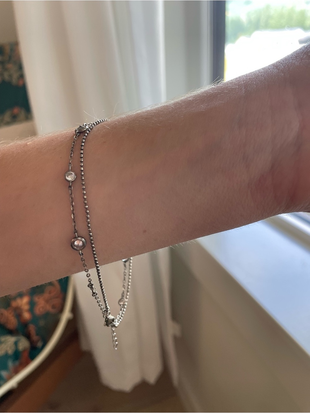 Sterling Silver Double Strand Beaded Anklet with Cubic Accents